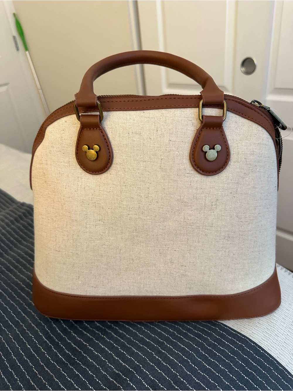 Disney Beige Canvas Mickey Satchel with Brown Trim - Picture 3 of 4